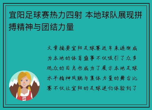 宜阳足球赛热力四射 本地球队展现拼搏精神与团结力量